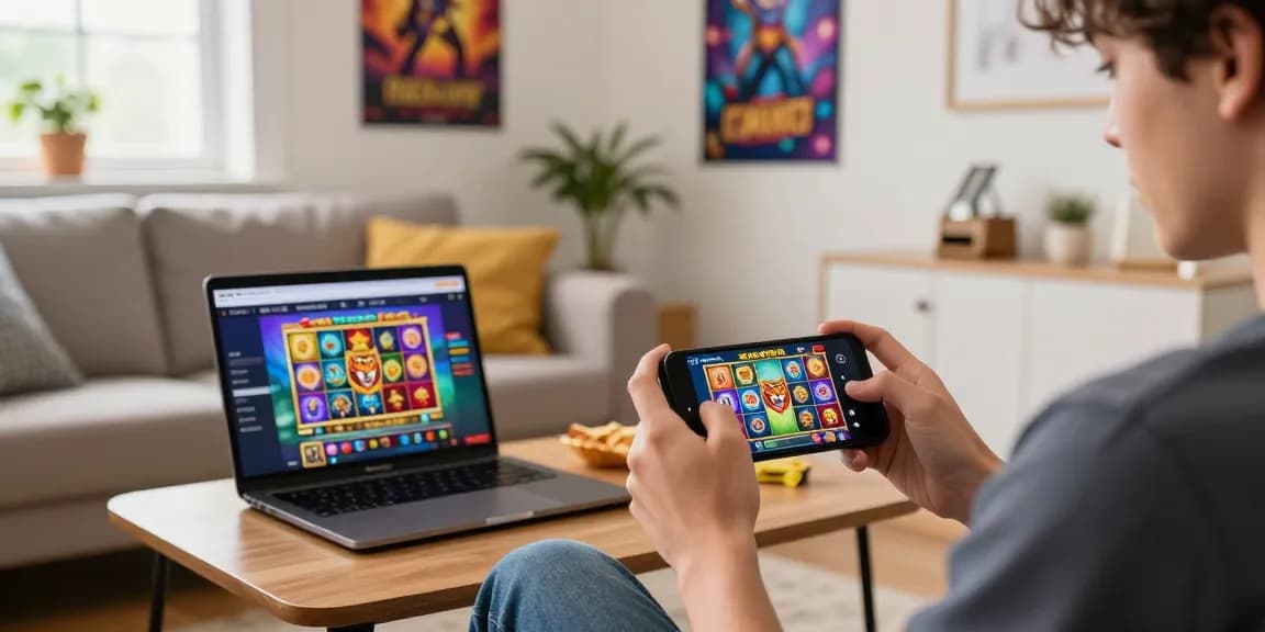 Engaging online gaming experience featuring https://esportesdasorte-paraguay.com/ slots on a mobile device in a cozy living room setting.