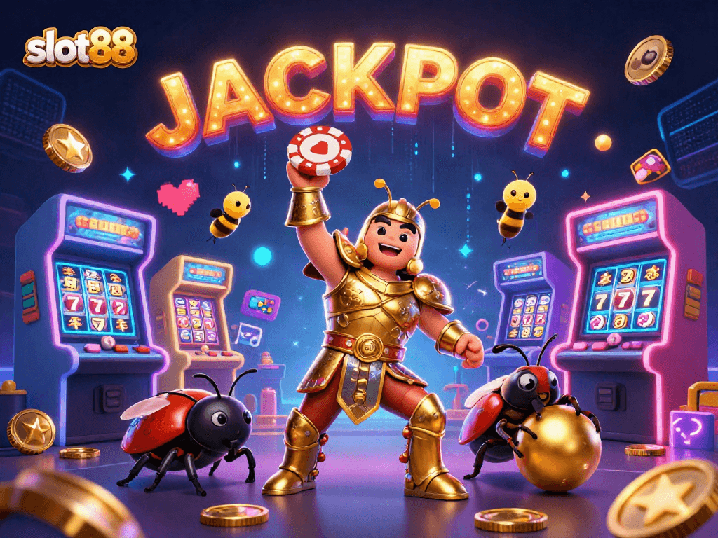 Join the excitement of slot88 with a dazzling illustration showcasing characters, neon games, and casino symbols.