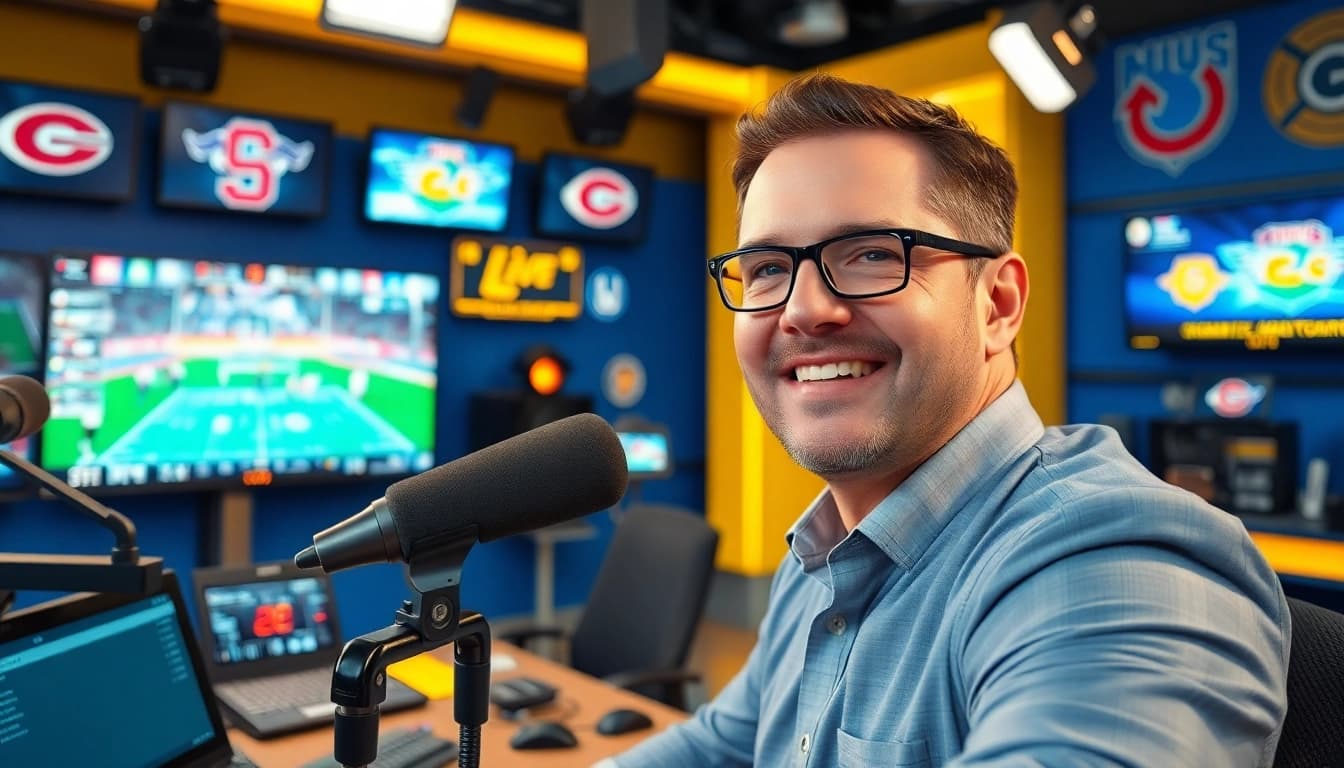 Sports Broadcasting expert in a high-tech studio delivering live updates with enthusiasm.