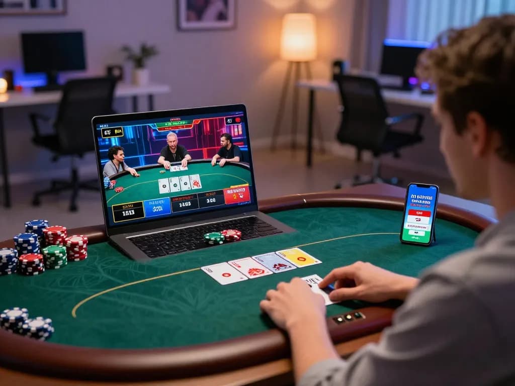 Players strategizing in an online poker tournament using Q88 platform on laptop, capturing the excitement of virtual gambling.