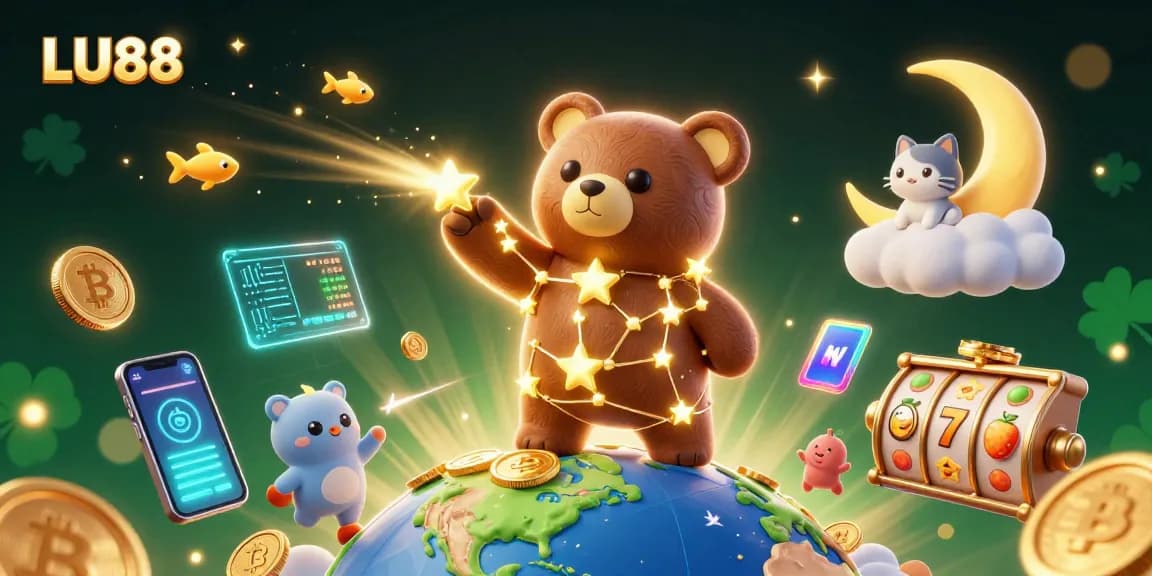 Experience gaming excitement at LU88 with vibrant 3D illustrations showcasing slots, coins, and celestial characters!