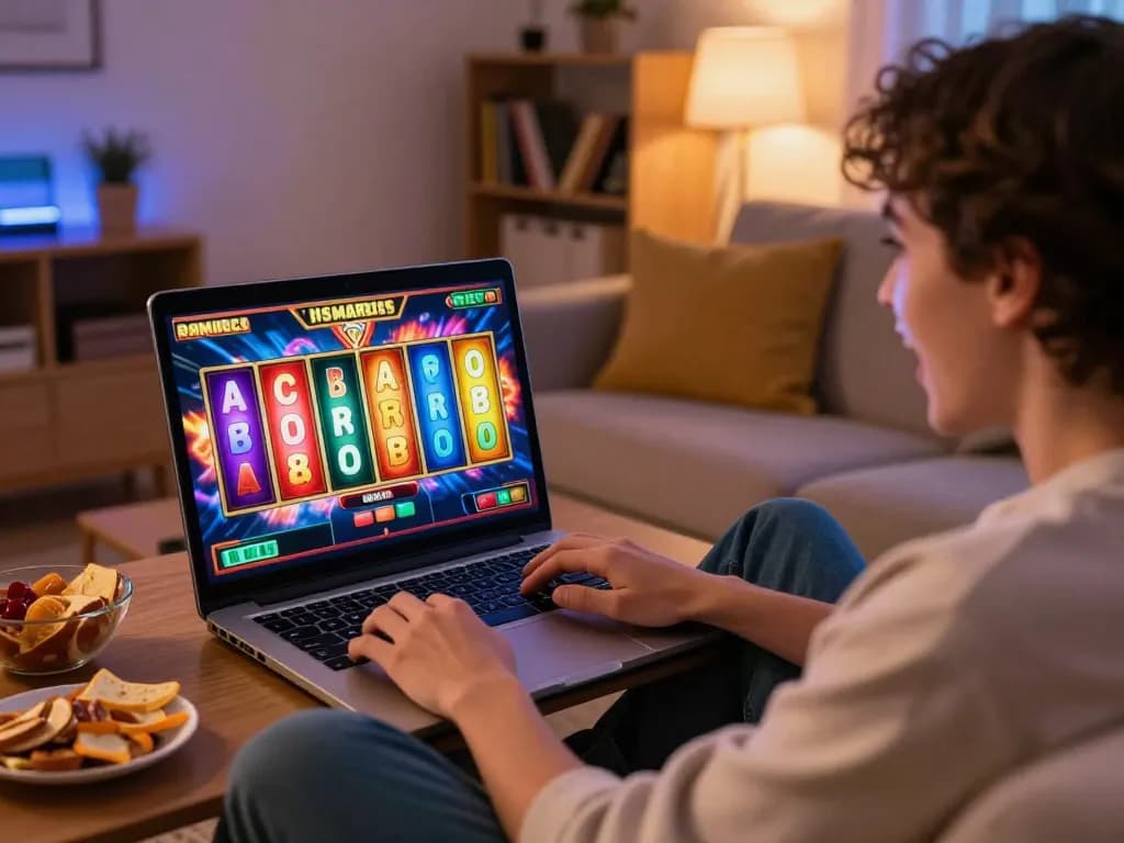 Player engaging with slot gacor game on laptop in cozy home setting, displaying excitement and strategy.