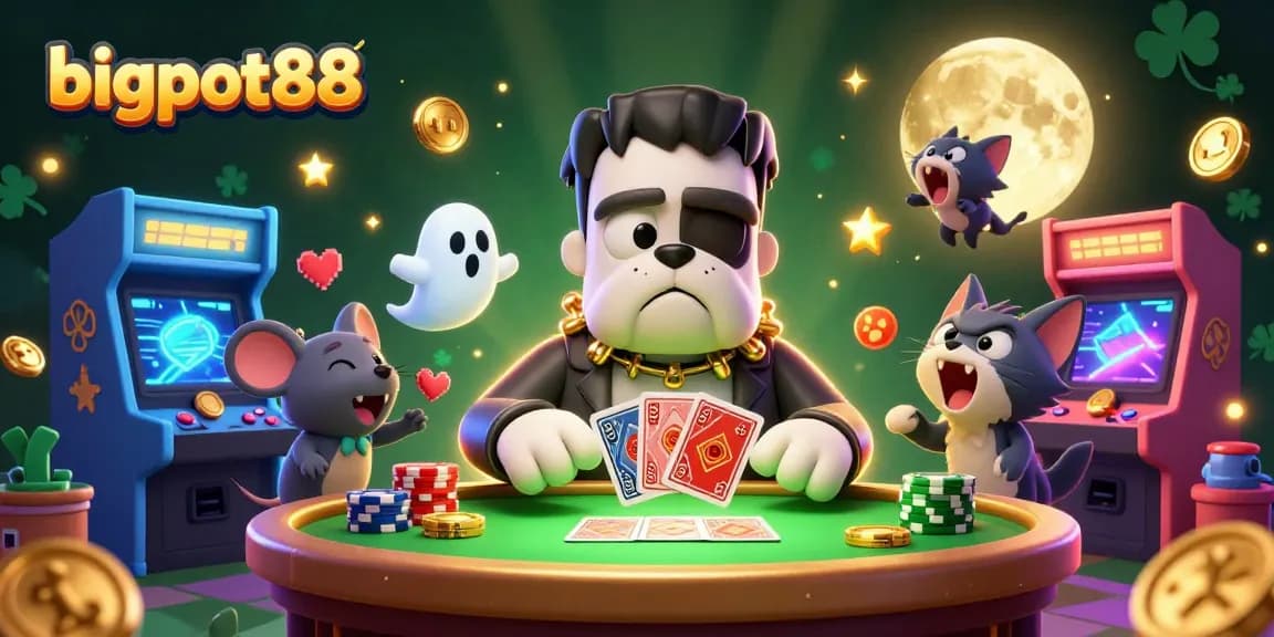 Experience bigpot88's thrilling gaming journey with a spooky casino scene filled with dynamic characters.