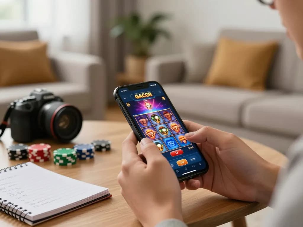 Playing slot gacor on a mobile app, showcasing vibrant game interface and cozy home setting.