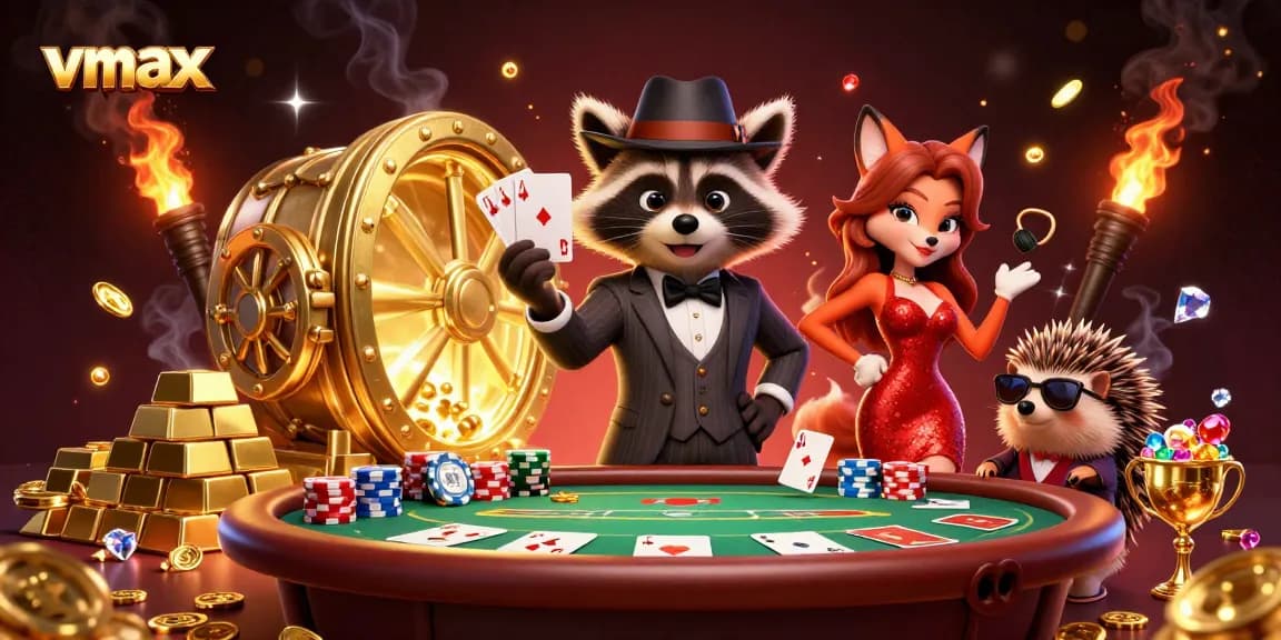 Experience the thrill of vmax gambling at a vibrant poker table with charming characters.