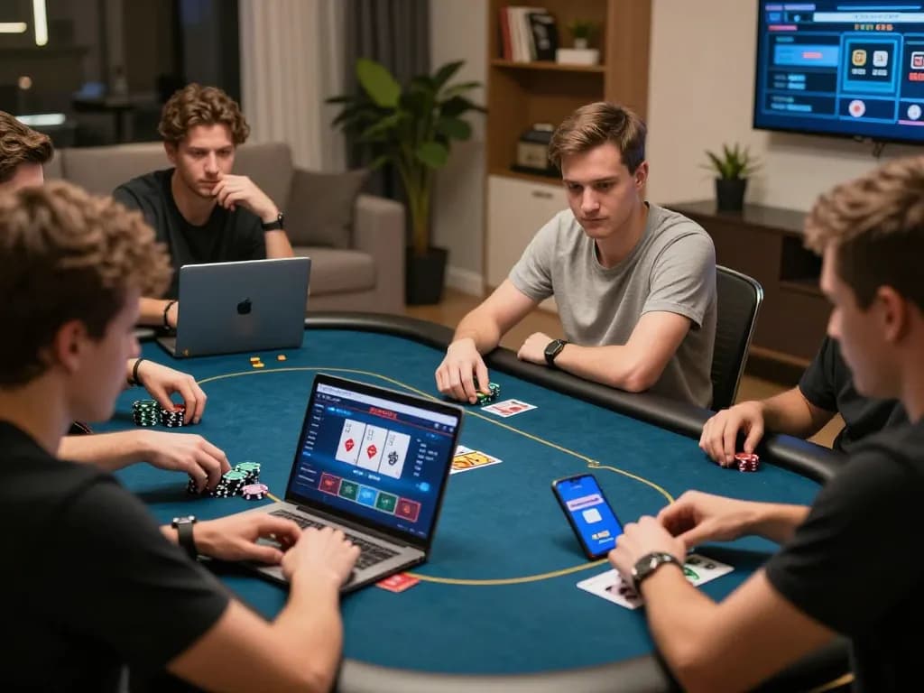 Engaged players analyzing NK88 lừa đảo strategy during an intense online poker session.