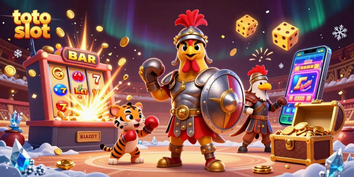 Toto slot illustration showcasing a vibrant scene with a gladiator rooster and slot machine action