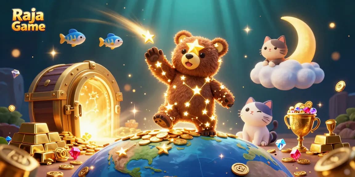 Enjoy thrilling games on Raja Game as the constellation bear scoops coins while a moon cat lounges above.