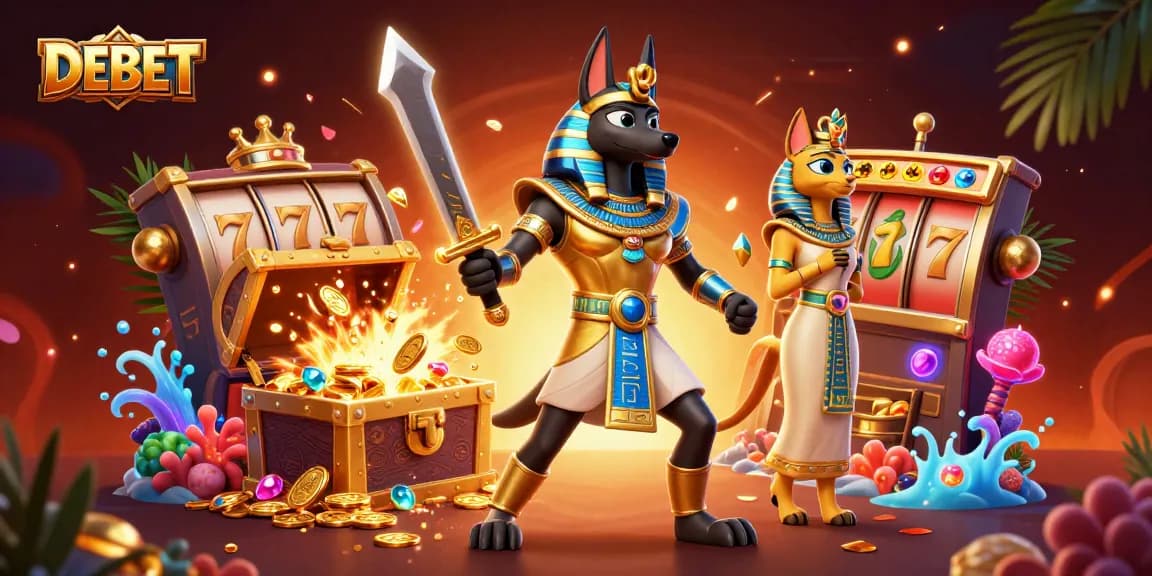 DEBET showcases a lively gaming scene with ancient warriors and vibrant slot machine elements.