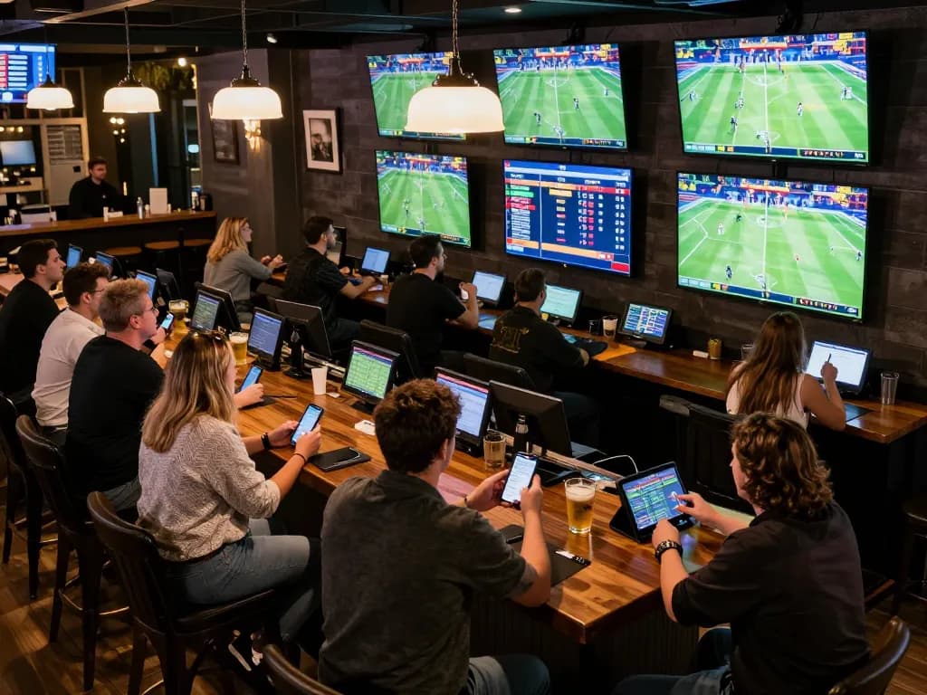 Engaged bettors enjoying the nk88 bet experience in a lively sports bar setting with multiple screens