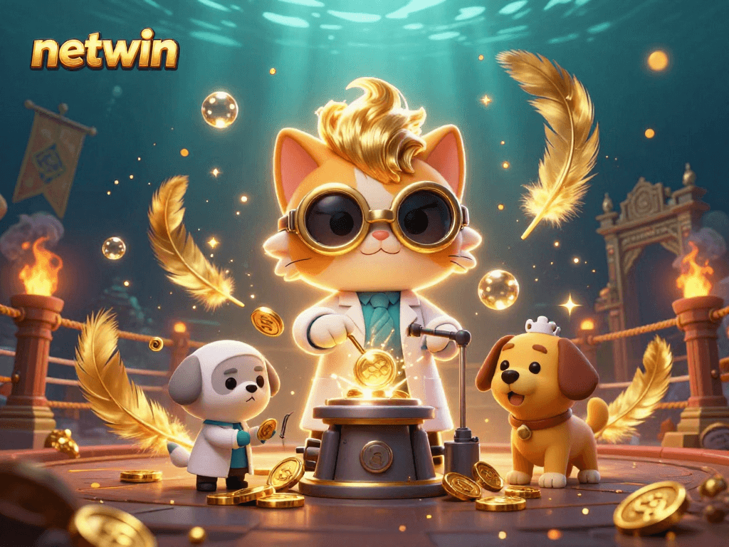 Experience thrilling gaming with netwin in an exciting 3D casino scene filled with golden elements.