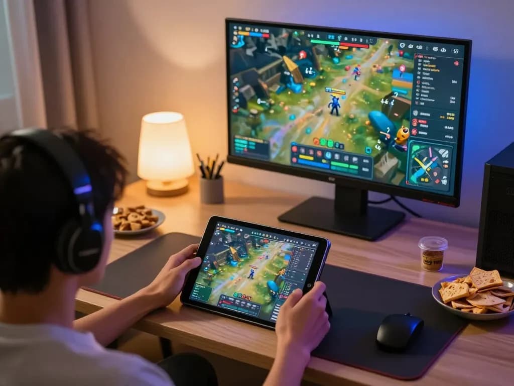 Engaging in thrilling nsfw games on a tablet in a cozy, well-lit living room.