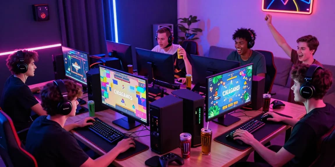 Energetic gaming environment showcasing players engaging with CIKA4D platform games on various devices.