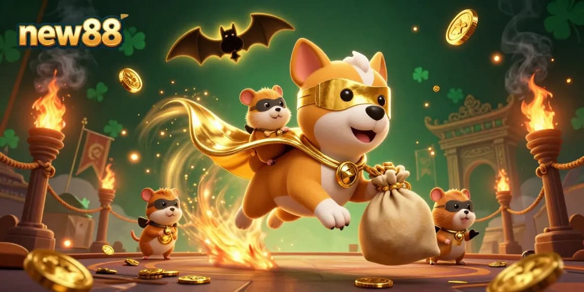 Win big at new88 with a thrilling 3D illustration of a superhero dog and golden elements!