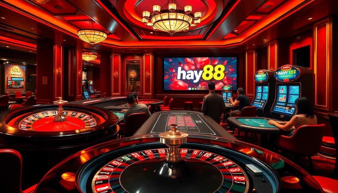 Players strategizing in a luxurious casino environment at hay88, showcasing excitement and high stakes.