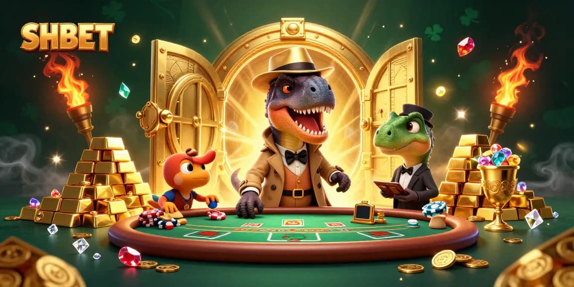 Engage with SHBET in a vibrant 3D casino scene featuring a clever velociraptor card counter.