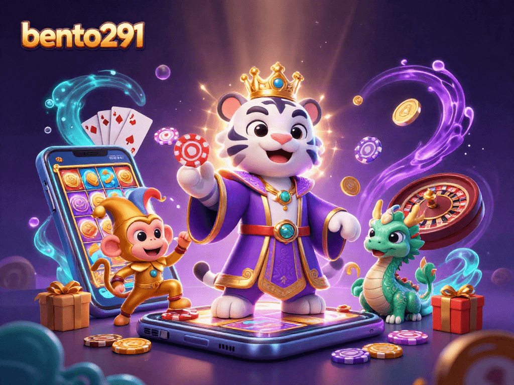 bento291 offers a playful scene with a white tiger, golden monkey, and jade dragon in a vibrant casino environment.