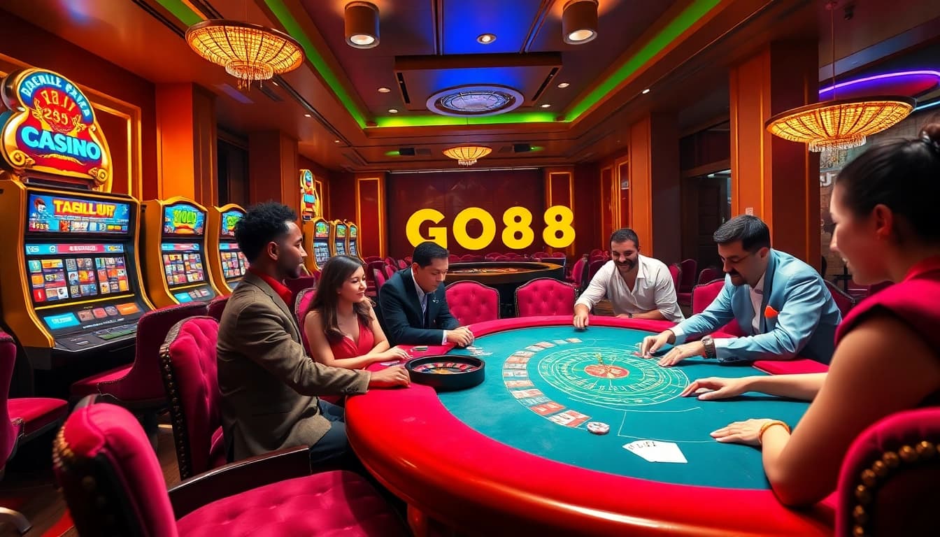 Experience the thrill at GO88 with players engaging in poker amidst a luxurious casino atmosphere.