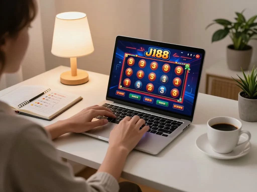 Engaged player using J188 online casino interface on a laptop, showcasing strategic gameplay in a cozy home setting