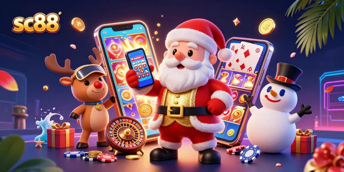 Experience thrilling jackpots at SC88 through a festive casino scene including Santa and a reindeer dealer.