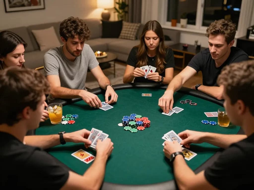 Poker night scene with friends enjoying strategic gameplay at W69 table.