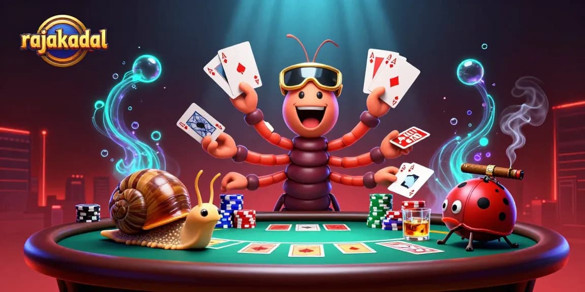 Menggigit jackpot di rajakadal dengan dealer unik dan tumpukan chip di meja poker.