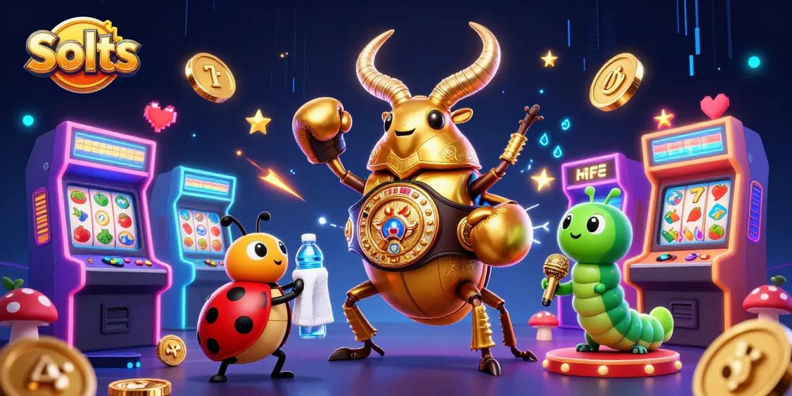 Spin to win with vibrant Slots featuring a giant beetle and ladybug in a packed casino scene.