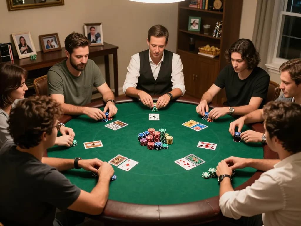 Players engage in a strategic poker game using the iwin platform during a home poker night.