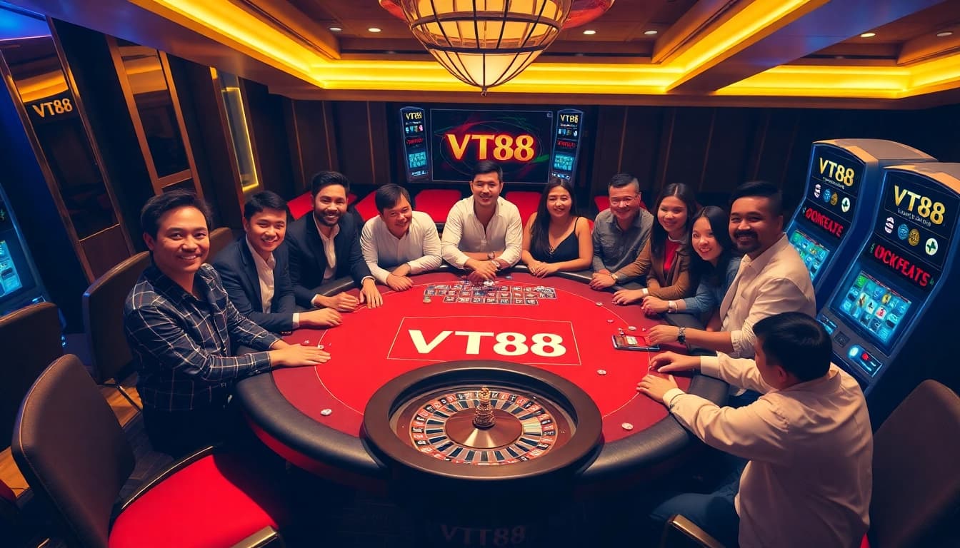 VT88 players enjoying a thrilling game at a luxurious poker table, embodying excitement and strategy.