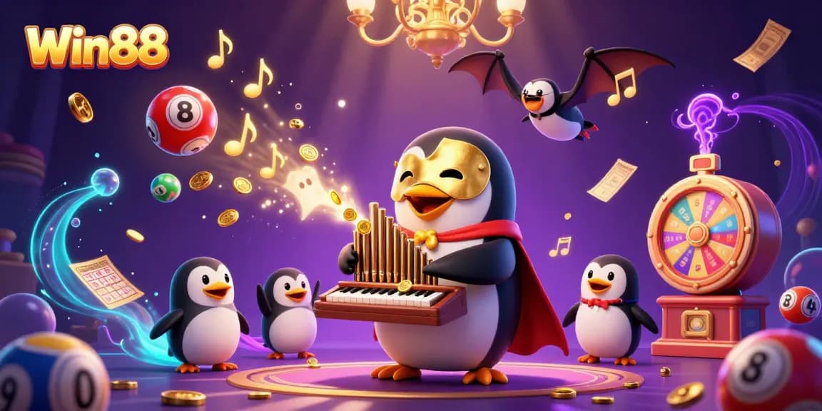 Win88 showcases a vibrant casino scene with dynamic lottery elements and a captivating 3D penguin character