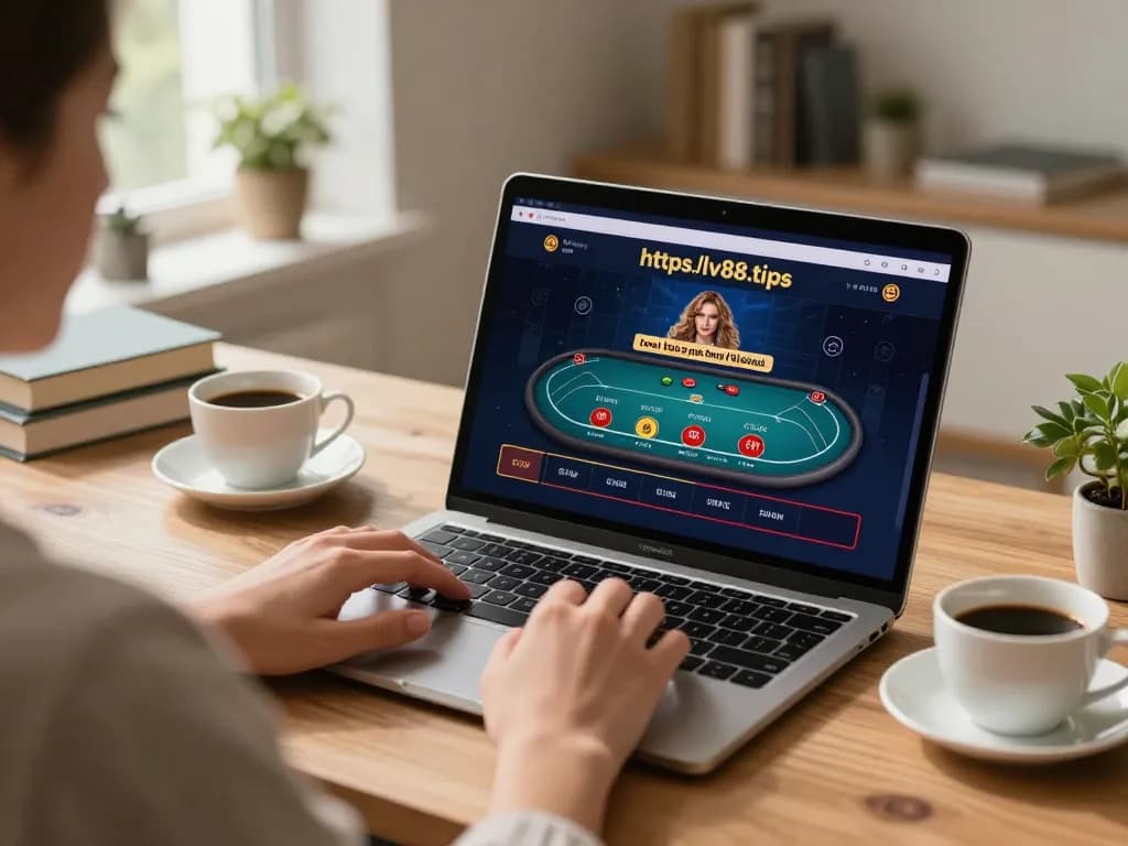 Engaged player using laptop at home for online gambling at https://lv88.tips/ with poker game visible.
