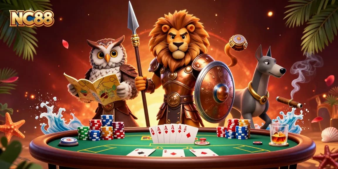 Engage with NC88 poker games featuring a Spartan lion, tactical owl, and greyhound messenger.