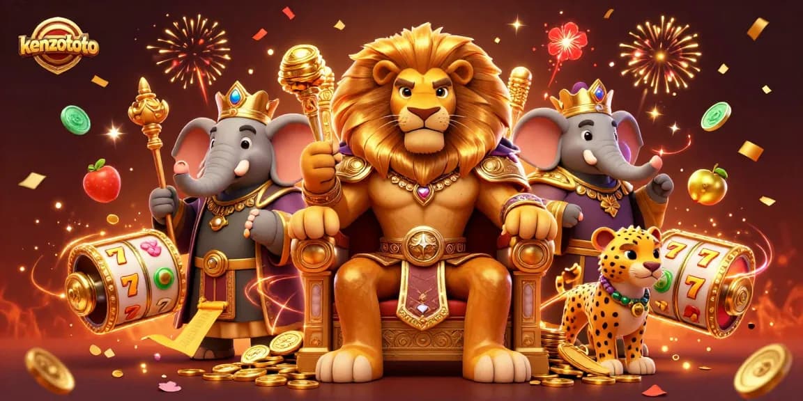 Experience thrilling jackpots with kenzototo, featuring a royal lion king and vibrant casino elements.