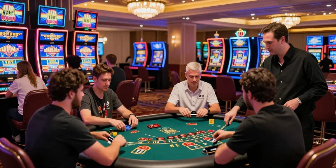 Engaging scene at a credit card casino with players enjoying games and using cards for deposits, vibrant energy.