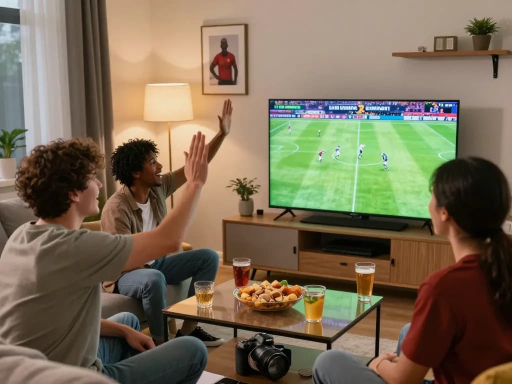 Teman-teman merayakan keberhasilan link mix parlay sambil menonton sepak bola, menampilkan kegembiraan dan kebersamaan di ruang tamu yang nyaman.