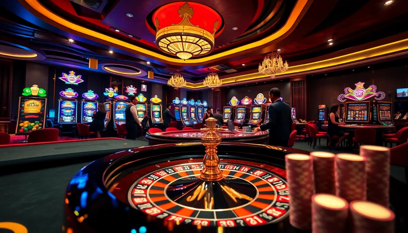 Experience thrilling gambling action at https://11betn.com/ with roulette, poker chips, and slot machines in a luxurious setting.