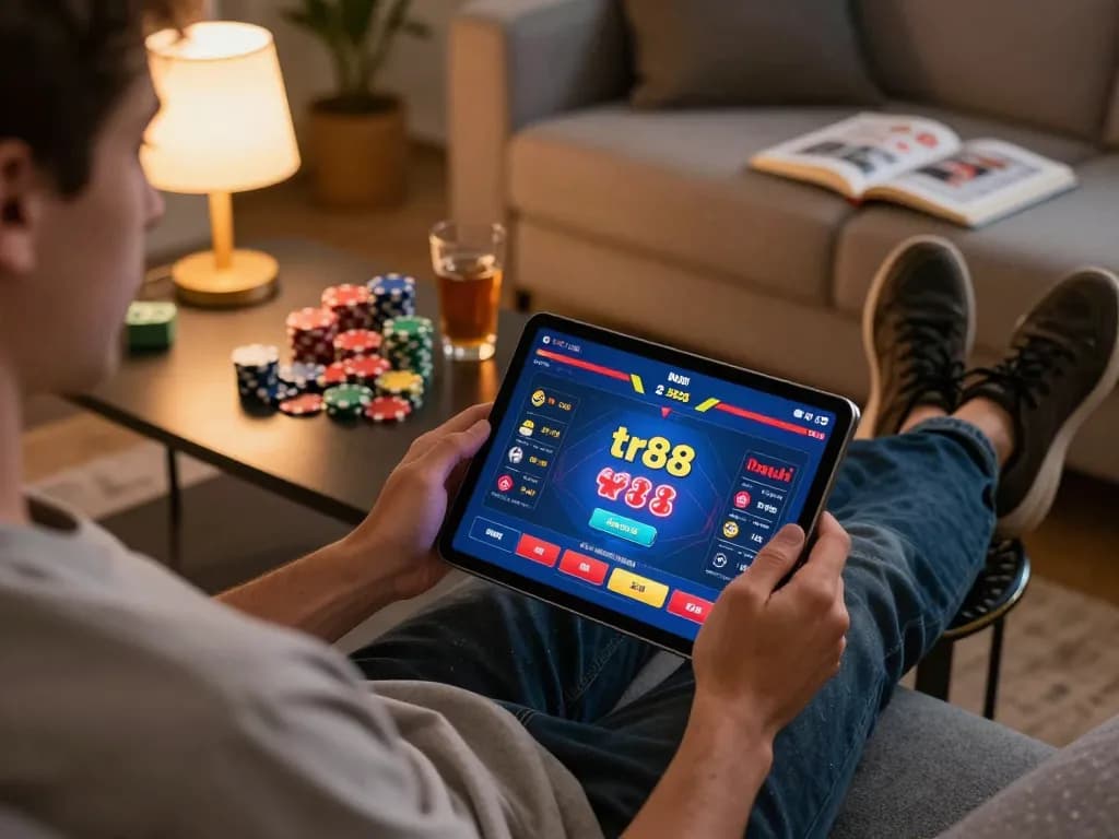 Interface of the tr88 game displayed on a tablet, with a player engaged in online gambling from a cozy home setting.