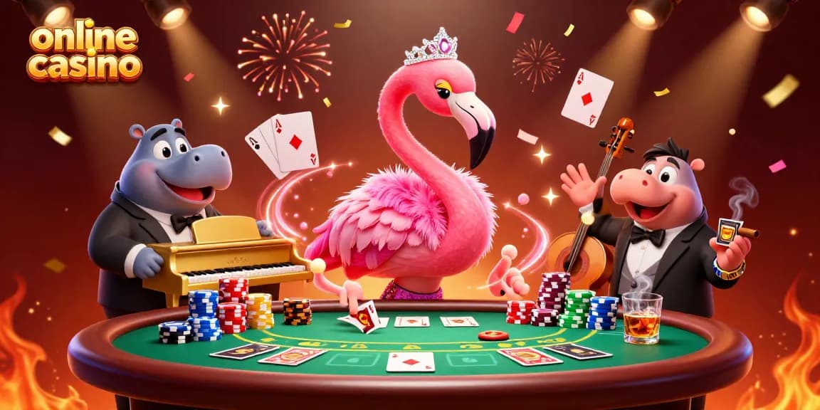 Engage with this vibrant online casino scene showcasing a flamingo singer and hippo bassist.