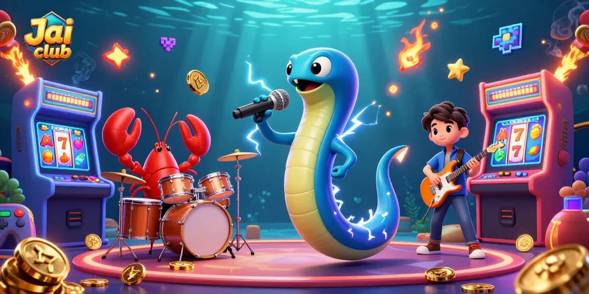 Engage with Jai club's vibrant casino fun featuring electric eel performing amidst slot games.