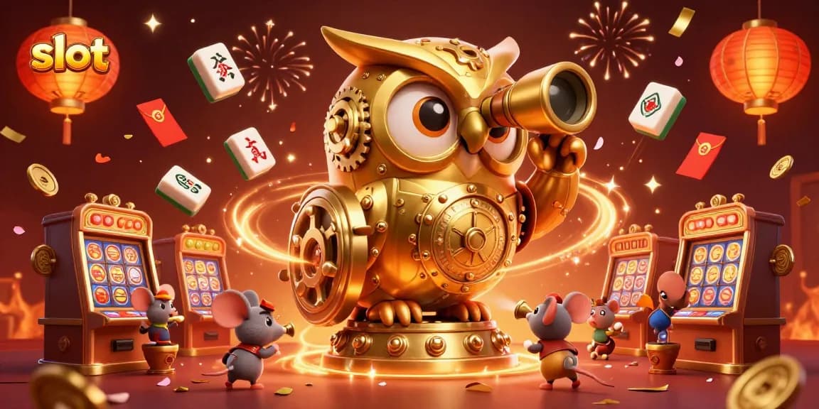 Experience thrilling slot action with a golden owl overseeing dynamic casino gameplay.