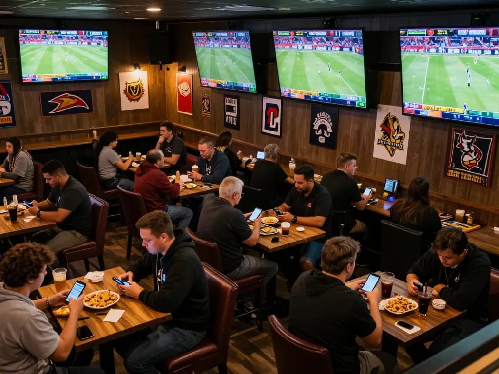 Engaged patrons discussing kèo bóng đá trực tuyến while watching live games in a vibrant sports bar setting