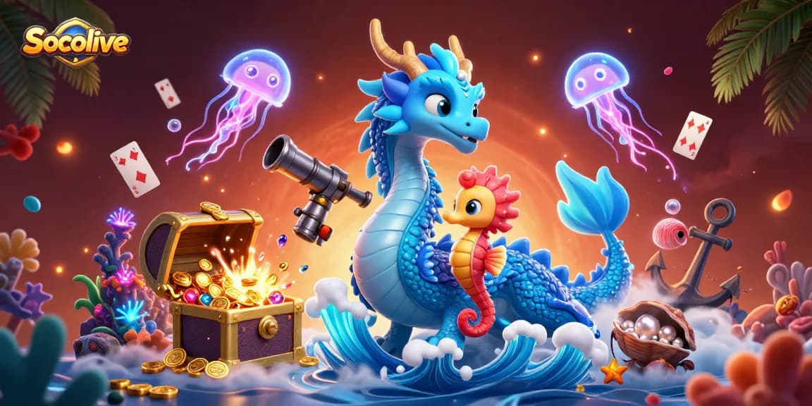 Socolive showcases a vibrant underwater scene with a dynamic water dragon and coral knight amidst glowing jellyfish.