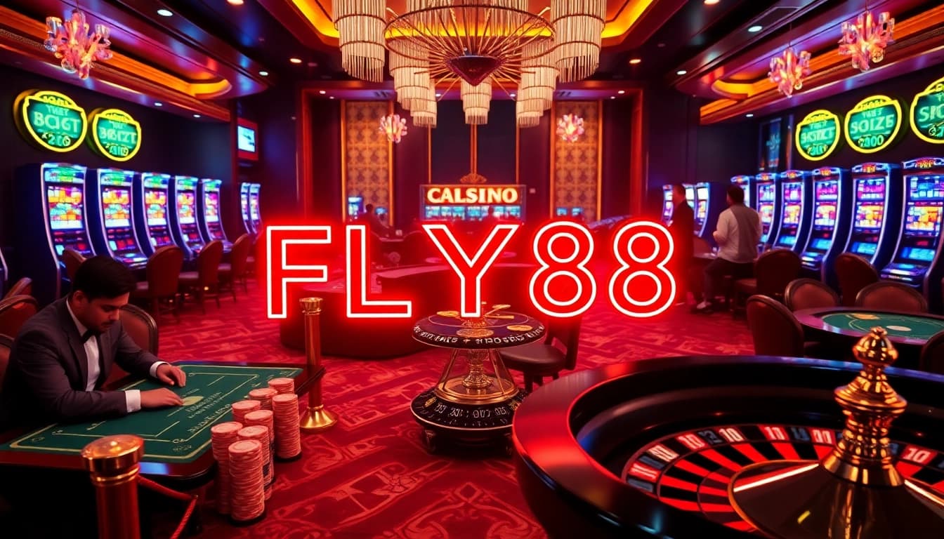 FLY88 casino scene featuring poker tables, vibrant chips, and an active roulette wheel in a luxurious setting.