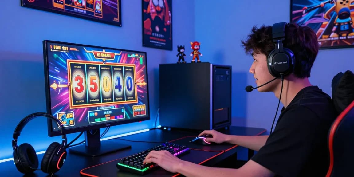 Excited gamer engaging with slot games at a modern gaming setup.