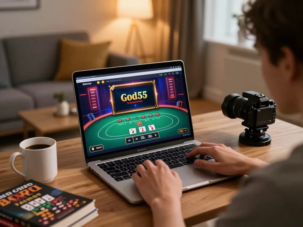 Engaged player using god55 casino interface on laptop during online blackjack game.