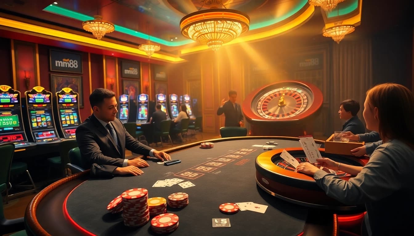 Exciting casino atmosphere showcasing mm88's vibrant betting environment with players and games.