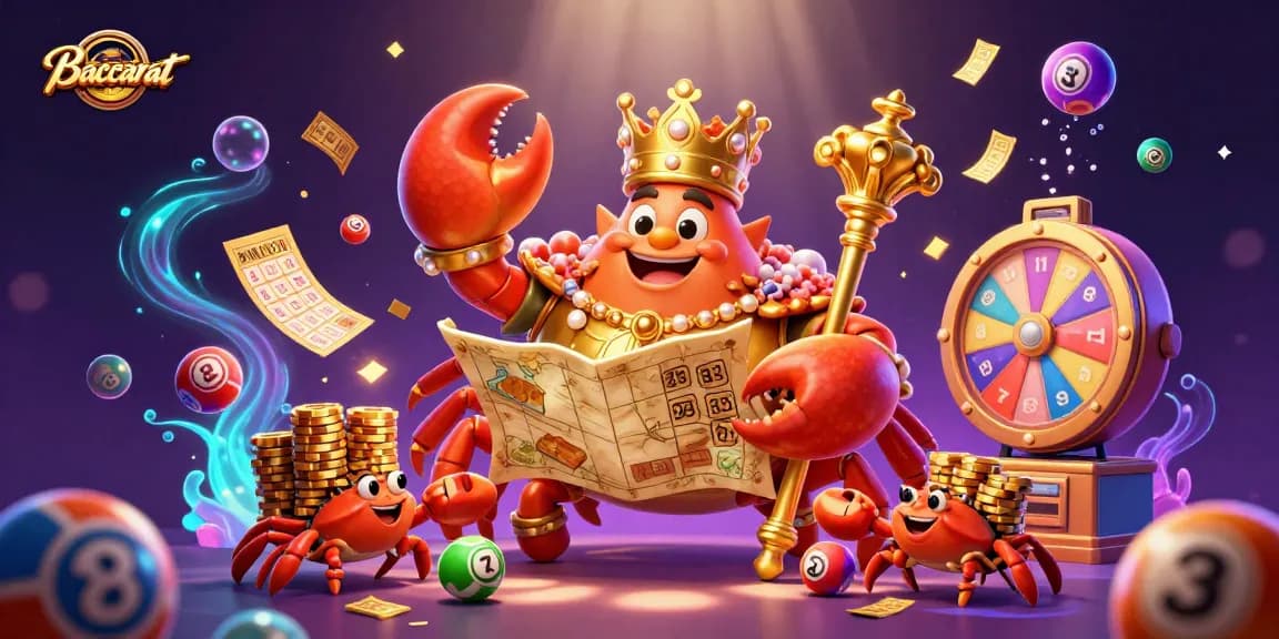 Experience Baccarat with a golden crab emperor and hermit crabs, surrounded by vibrant game elements.
