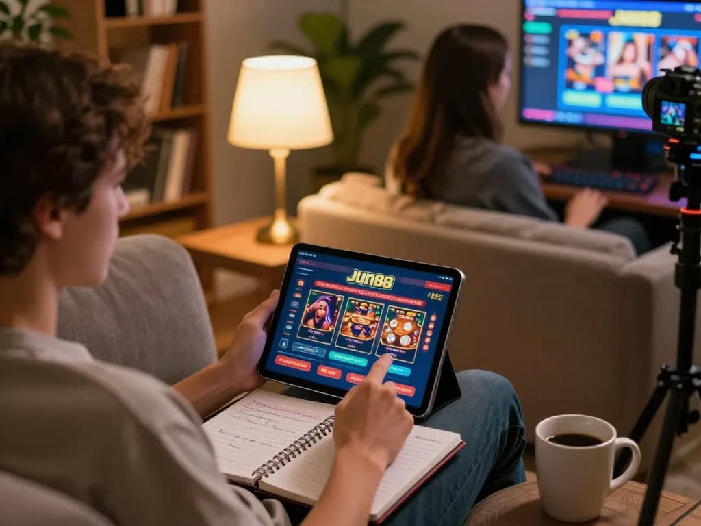 Experience thrilling online gaming at Jun88 with an engaging tablet setup showcasing casino games