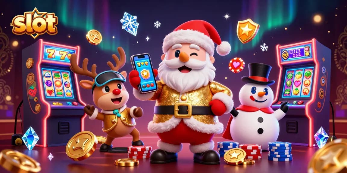 Experience thrilling slot action with Santa and friends in this vibrant casino scene.