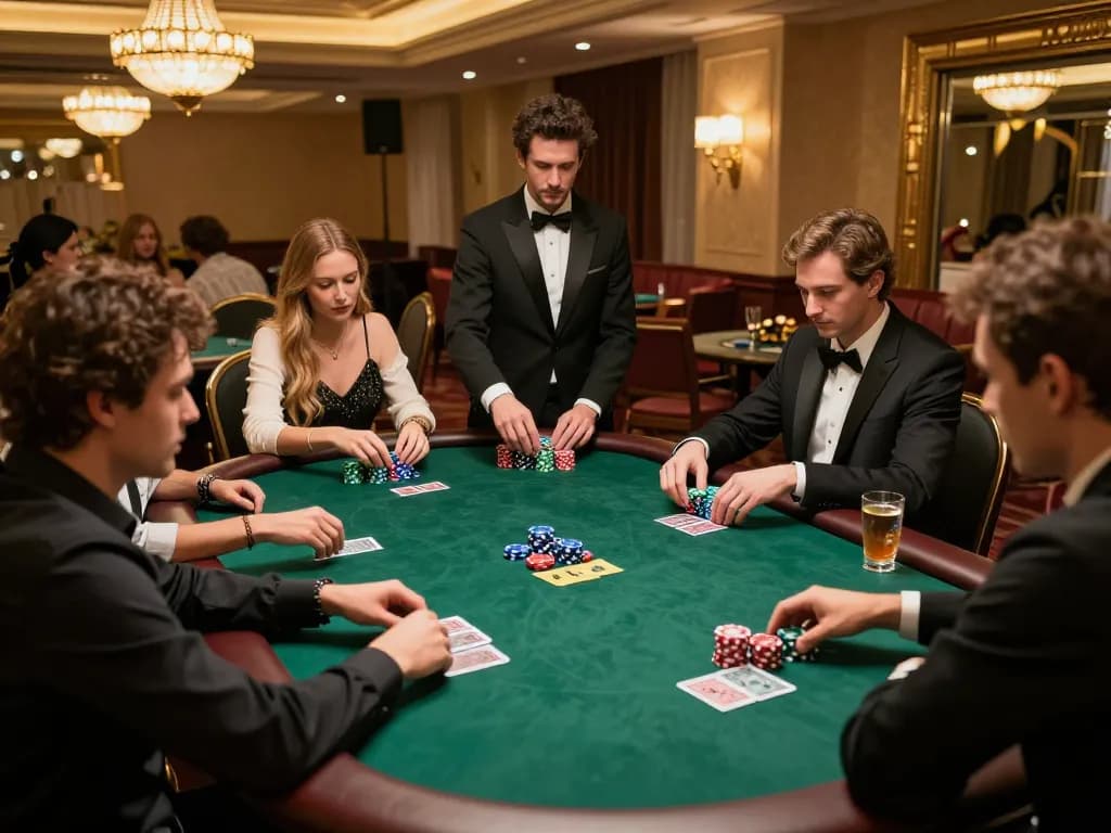 Engaging scene at a luxurious casino highlighting strategic poker gameplay, showcasing situs slot gacor excitement.